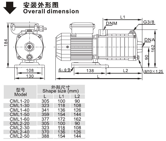 CML系列臥式單級離心泵安裝外形圖